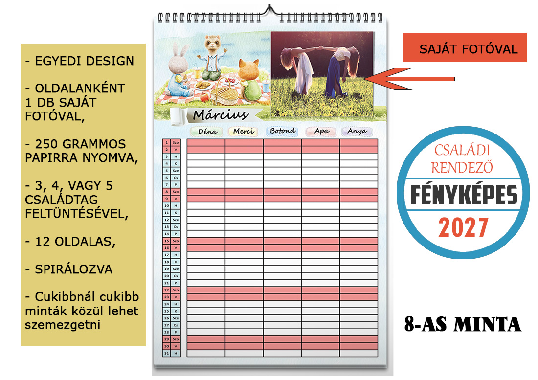 2027-es A3-as családi rendező naptár saját fotóval és egyedi designnal. 12 hónap, legfeljebb 5 családtag és átlátható családi tervezés.