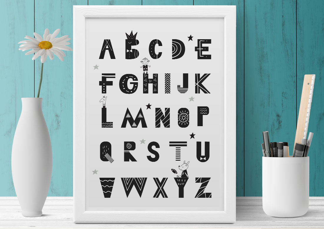 Gyerekszoba poszter ABC poszter Montessori kisfiúnak kislánynak iskolába tanulónak első osztály állatos angol