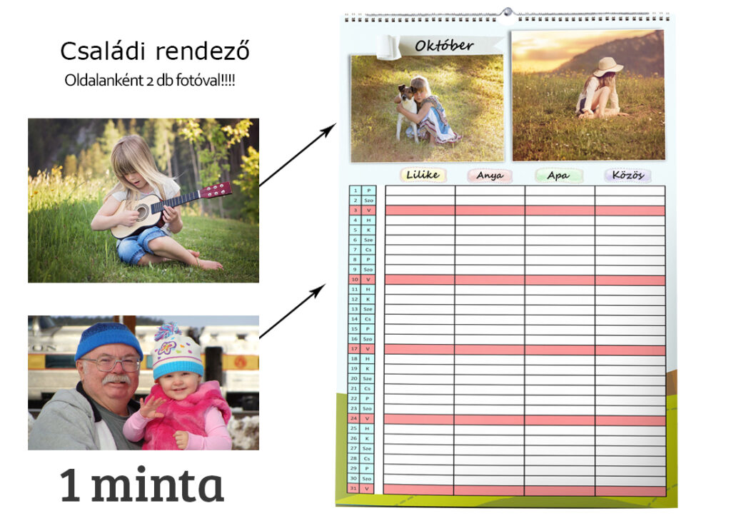 Családi rendező naptár 2026 – 2 fotóval design nélkül - NanettoDesign